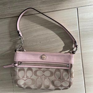 Coach wristlet, pink leather with beige embossed fabric